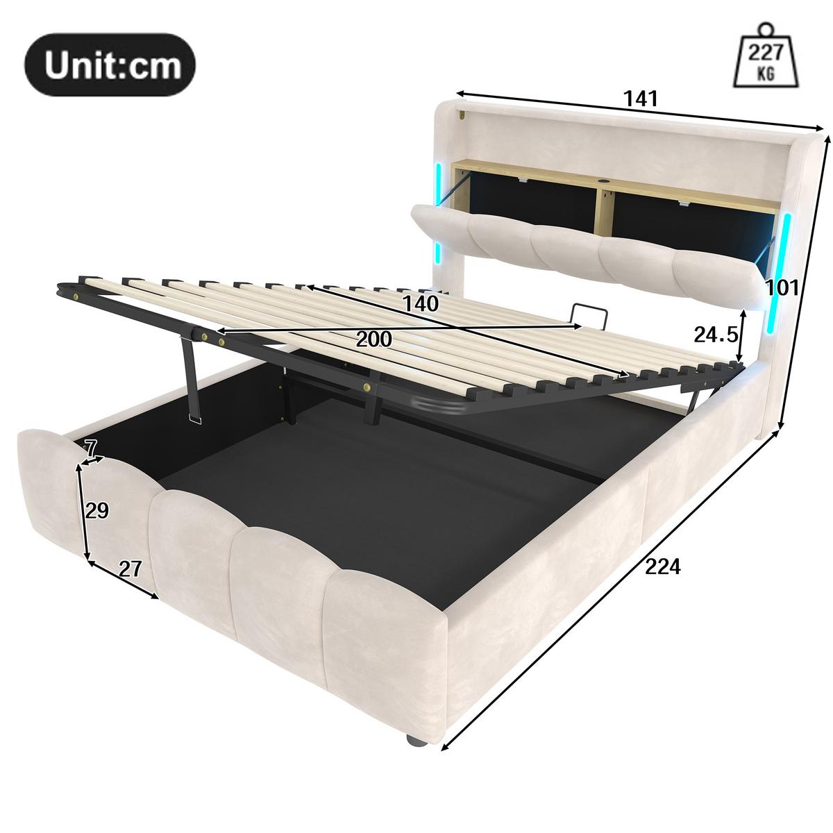 POLSTERBETT samt beige 140x200cm mit stauraum led usb - Beige, Textil (140/200cm) - Urban Meuble