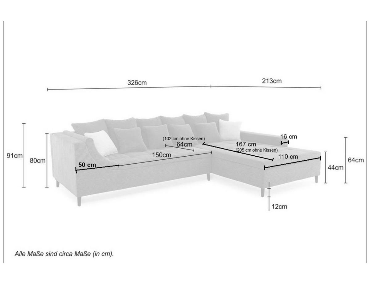 ECKSOFA mit dekorativen Steppungen und Rutschenlehne, seitenverkehrt montierbar B326/T213/H91 cm, Cord Dunkelgrau / 15222 - Dunkelgrau/Anthrazit, Textil/Metall (326/213cm) - luma-home