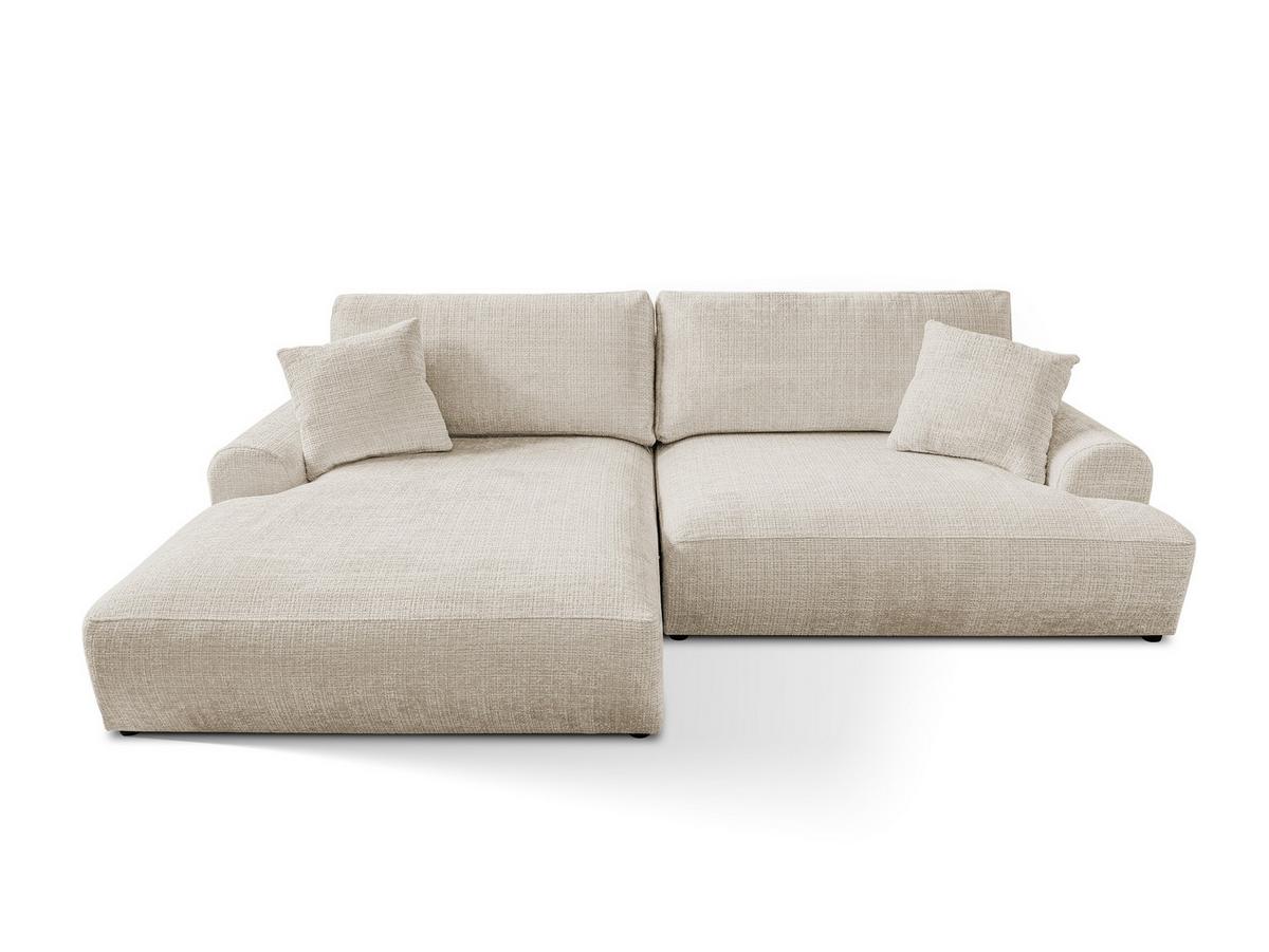 ECKSOFA Melvano mit Schlaffunktion und Bettkasten im Japandi-Stil aus weichem Beige Chenille-Stoff - Creme/Schwarz, Holz/Kunststoff (145/240cm) - S-Style