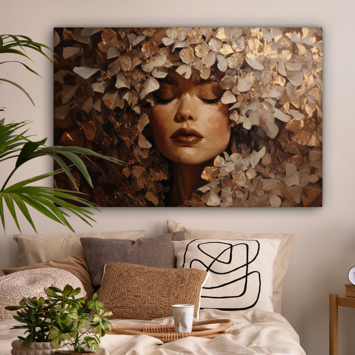 LEINWANDBILD Gesicht - Dame - Blätter - Pinselstriche XXL 150x100 cm - Goldfarben, Textil (150/100cm) - MuchoWow