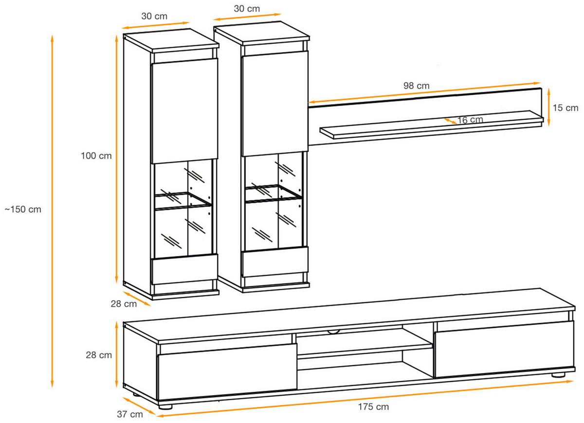 WOHNWAND Kaschmir, schwarz 4-teilig 175 cm, Schrankwand mit LED-Beleuchtung - Kaschmir/Schwarz, Glas/Holzwerkstoff (175/150/37cm) - Inn.Furn