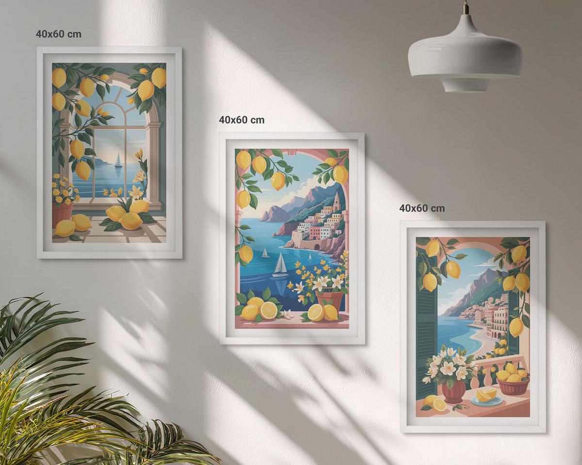 BILDER SET 3er Set - 40x60 cm Weißer Rahmen - Meerblick, italienische Zitronen - Weiß, Kunststoff (40/60cm) - TULUP