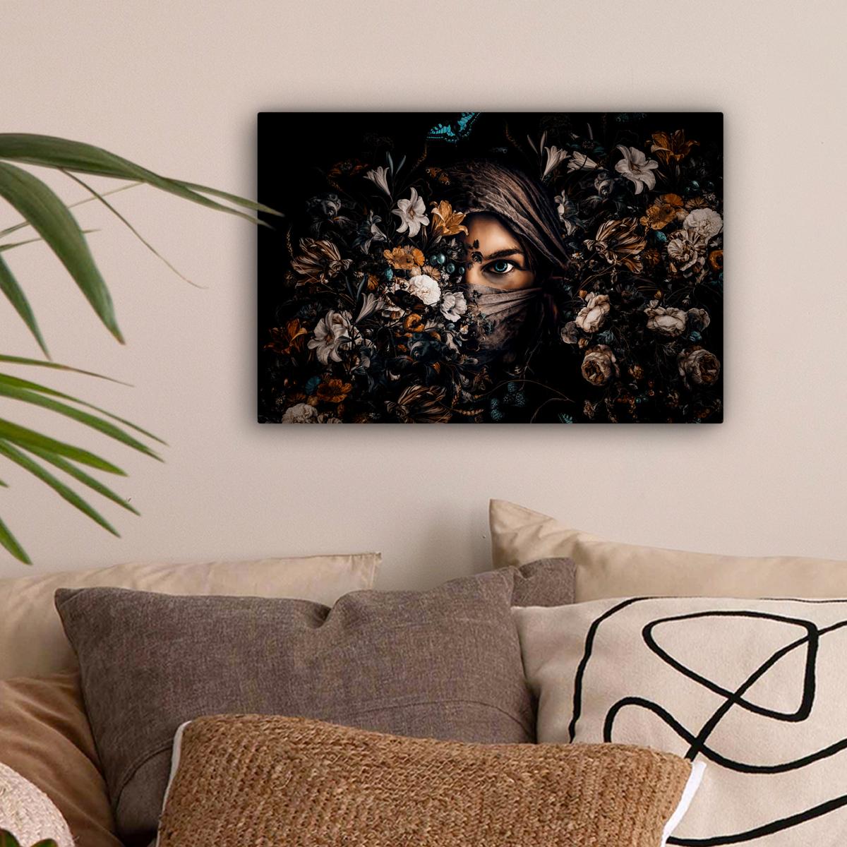LEINWANDBILD Frau - Luxus - Blumen - Schmetterling - Porträt Deko Schlafzimmer 30x20 cm - Schwarz, Textil (30/20cm) - MuchoWow
