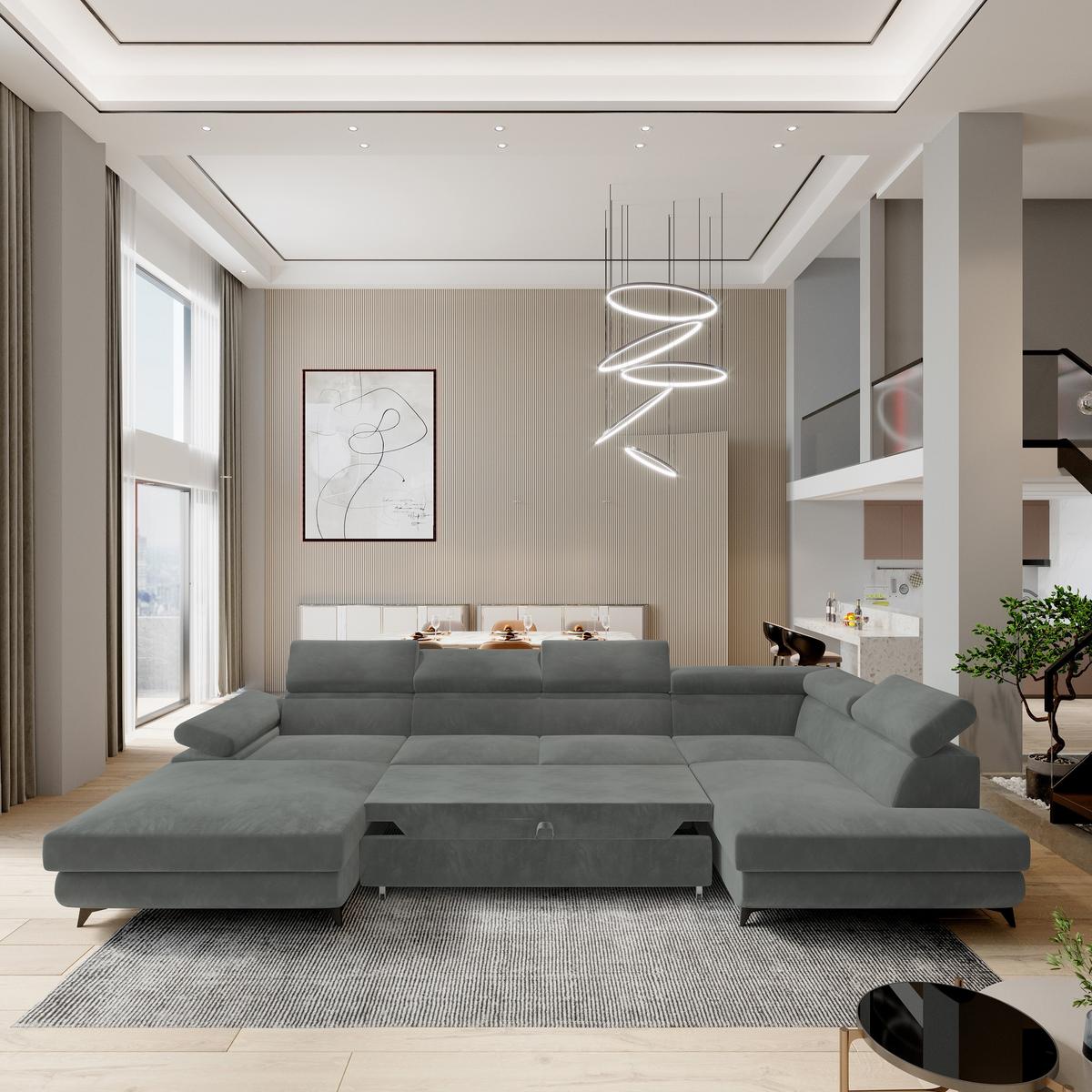 WOHNLANDSCHAFT RUBANO R-S Grau Velours-Stoff mit Schlaffunktion - Grau, Holz (339/89/190cm) - MASSENO