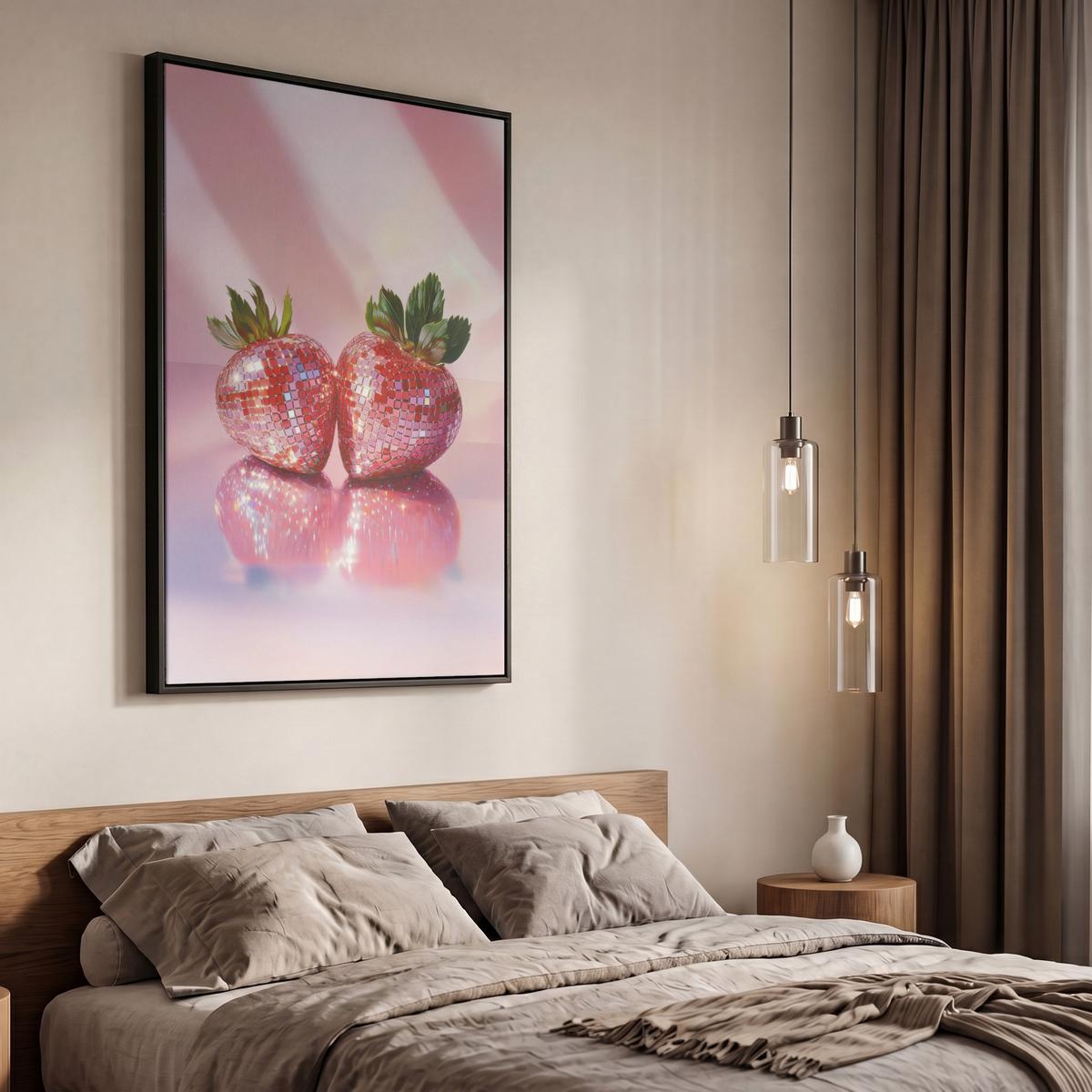 LEINWAND Bilder mit Rahmen - Disco - Obst - Glitzer - Erdbeere - 60x90 - Pink, Textil (60/90cm) - MuchoWow