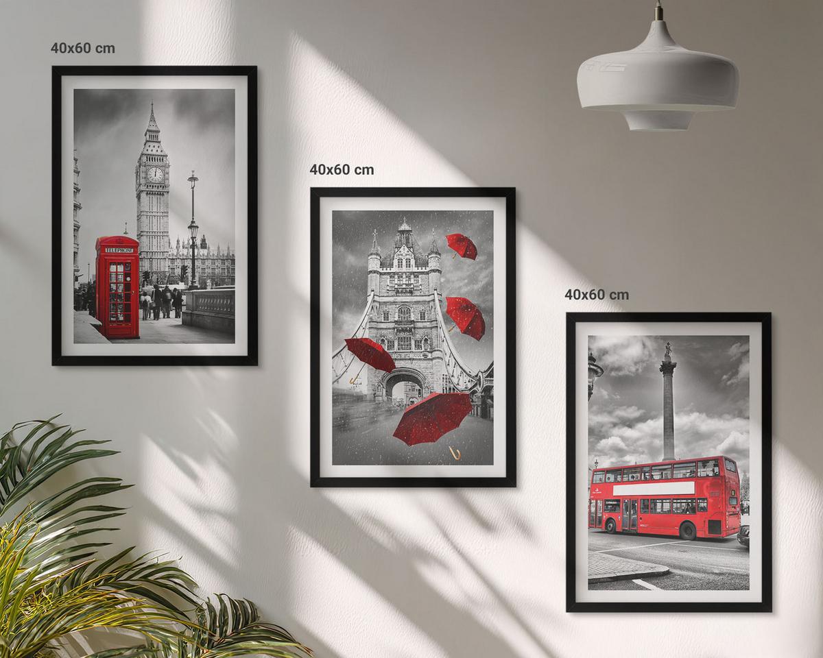 BILDER SET 3er Set - 40x60 cm Schwarzer Rahmen - Roter Regenschirmstand und Londoner Bus - Schwarz, Kunststoff (40/60cm) - TULUP