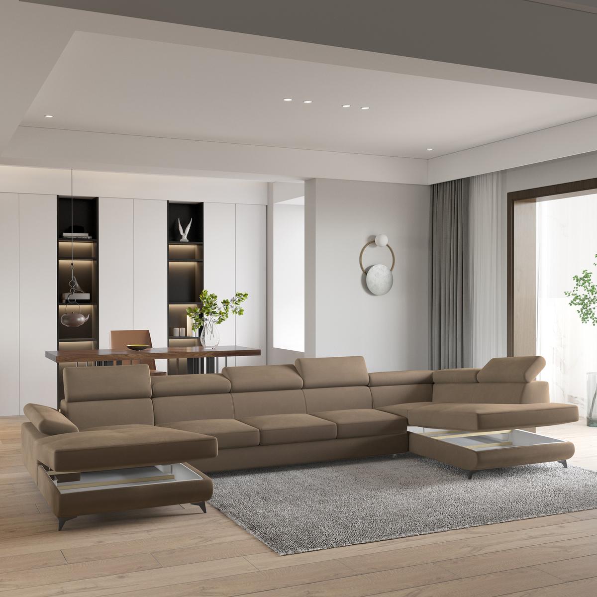 WOHNLANDSCHAFT MONTIVA Beige Velours-Stoff mit Schlaffunktion - Beige, Holz (410/89/190cm) - MASSENO
