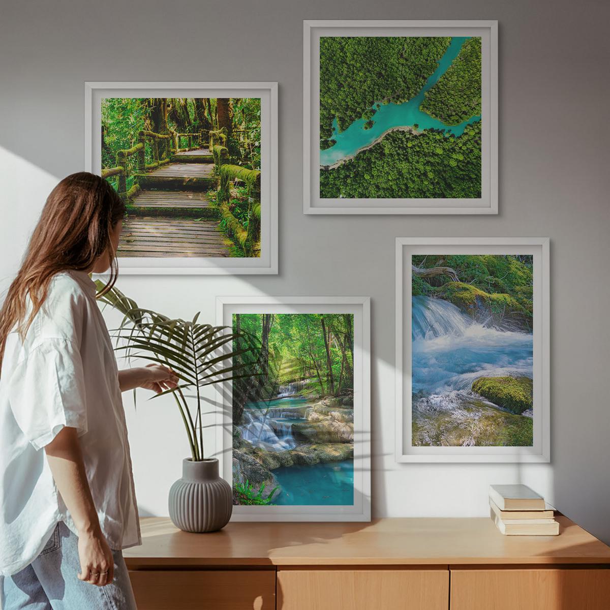 BILDER SET 4er Set - 50x50 cm & 40x60 cm Weißer Rahmen - Grüne Wälder, kristallklares Wasser - Weiß, Kunststoff (50/50cm) - TULUP