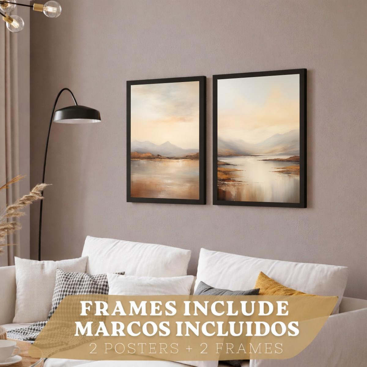 POSTER 2er-Set Wandbilder Sonnenaufgang modern Wohnzimmer Deko, Schlafzimmer, Küche, Badezimmer Schwarzer Rahmen A3 - Schwarz, Papier (29.7/1/42cm) - Nacnic