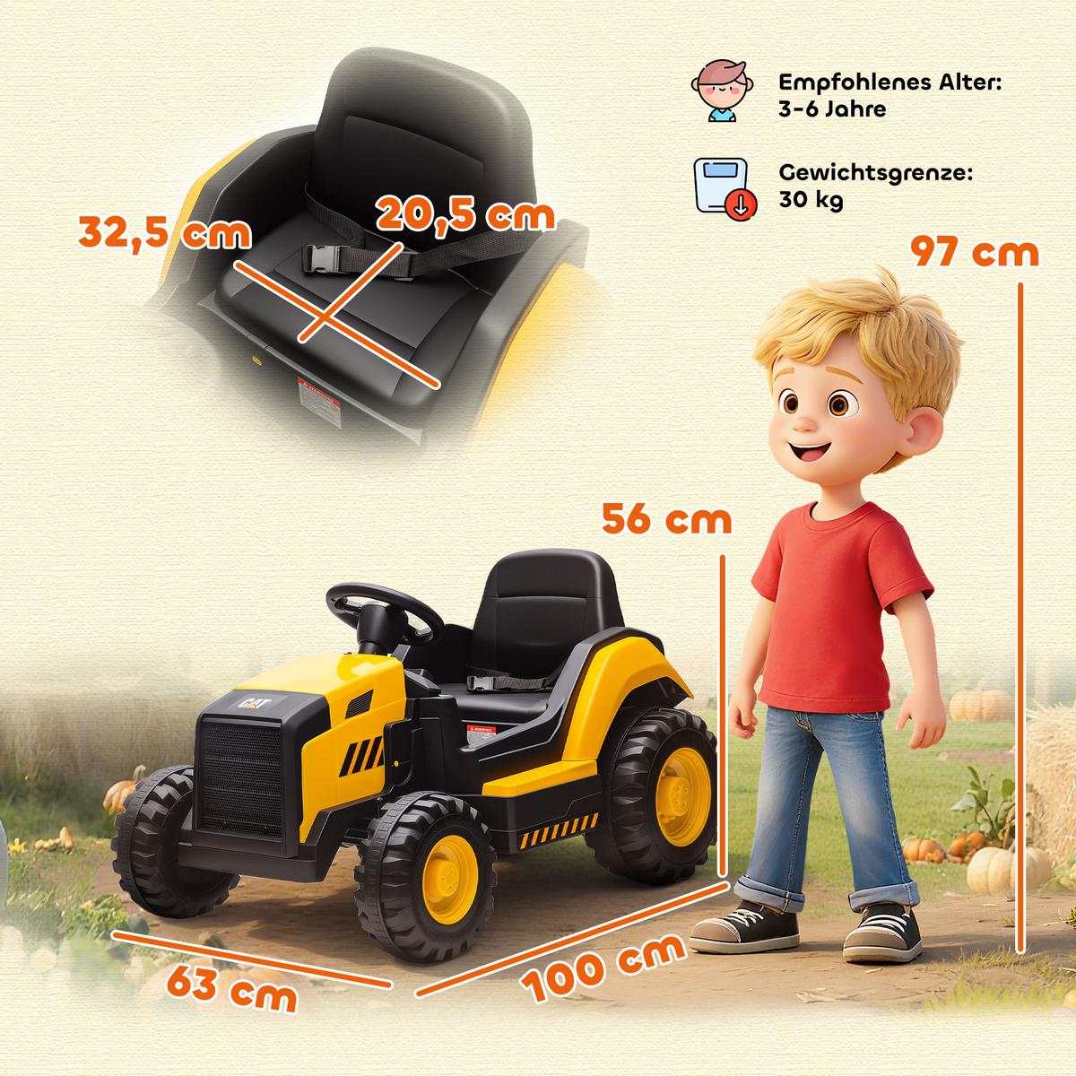 ELEKTRISCHER Traktor Offiziell CAT-lizenziert 12 V Aufsitztraktor mit Musik - Gelb, Kunststoff (100/63/56cm) - AIYAPLAY