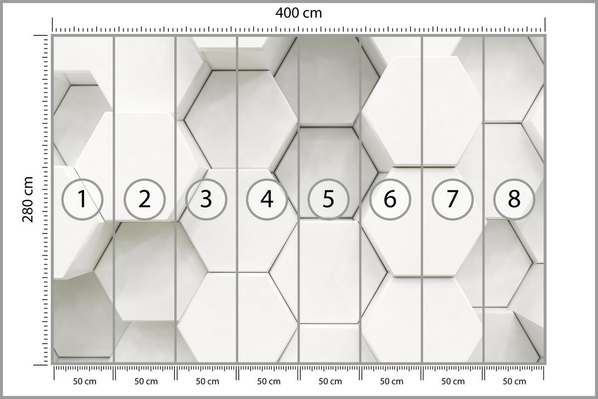 FOTOTAPETE für Wohnzimmer Hexagone Formen Geometrie 400x280 - Weiß/Grau, Papier (400/280cm) - Muralo