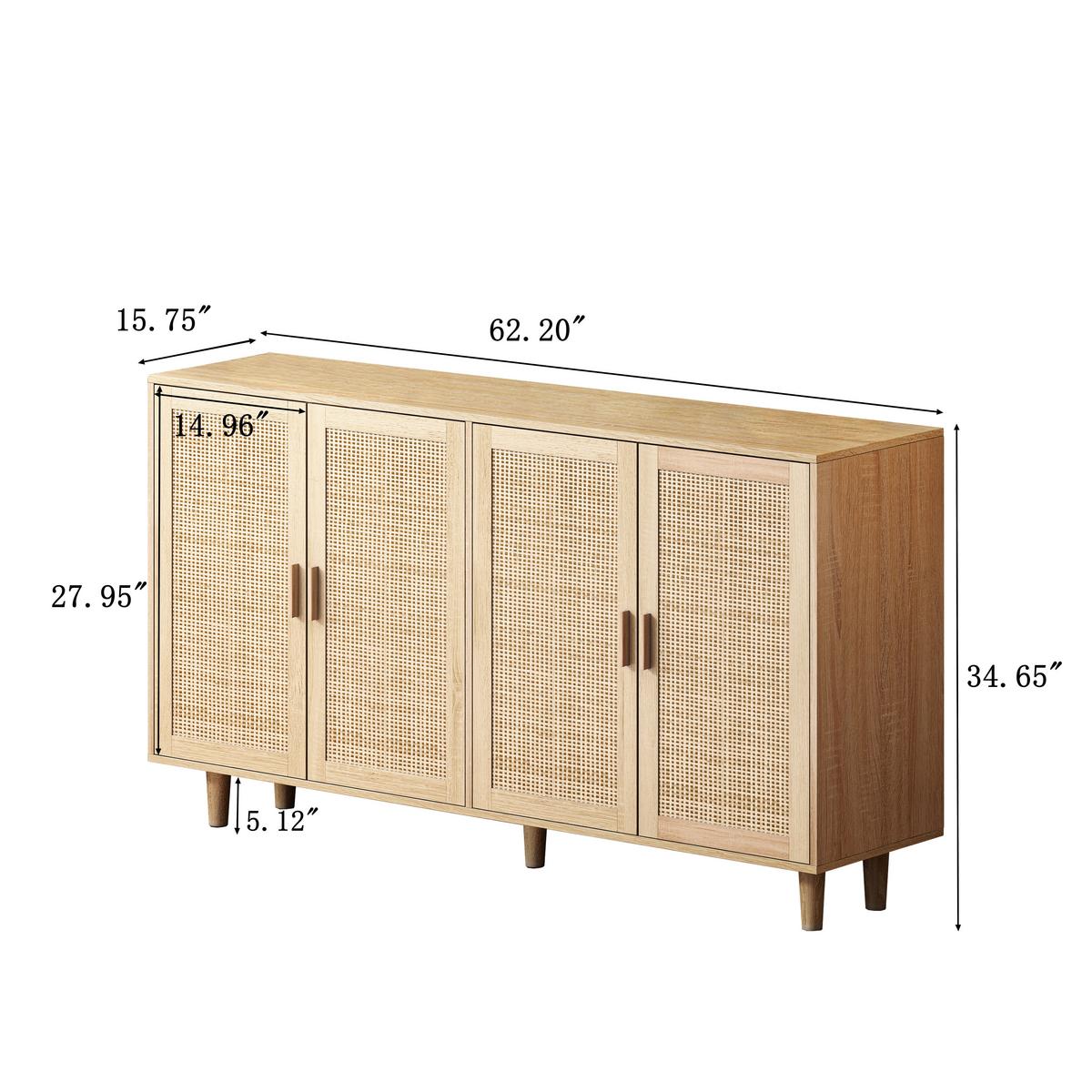 SIDEBOARD Rattanoptik Natur mit 4 Türen & Massivholzbeinen - Eiche San Remo, Holzwerkstoff (158/88/40cm) - Urban Meuble