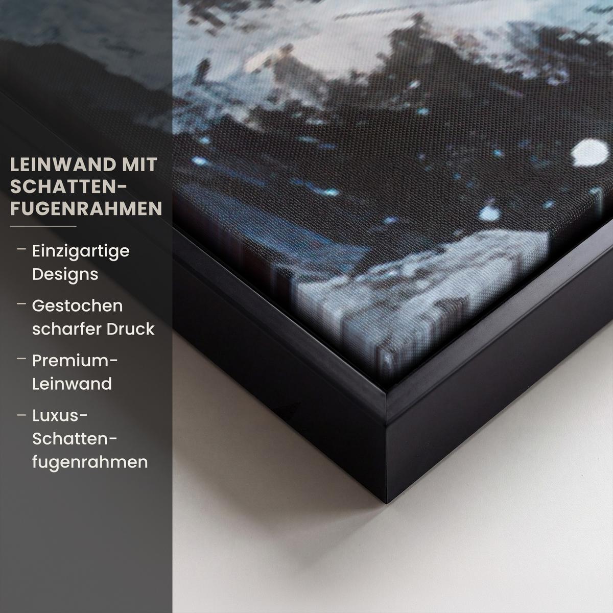 LEINWAND Bilder mit Rahmen - Weihnachtsdorf - Häuser - Schnee - Weihnachten - 140x90 - Sandfarben, Textil (140/90cm) - MuchoWow