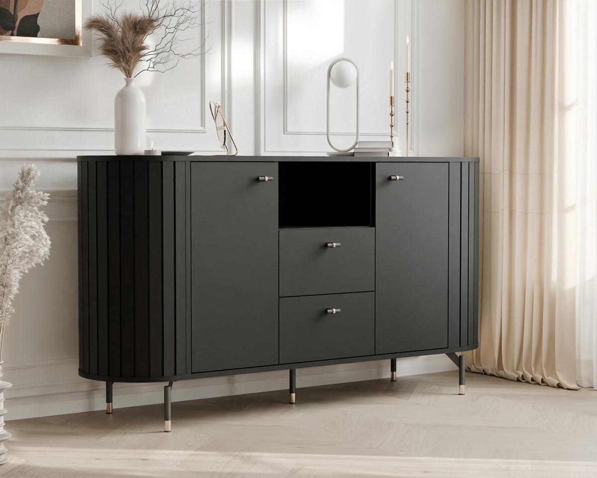 KOMMODE geriffelt, mit Fach, Schwarz - Schwarz, Holzwerkstoff (150/81/40cm) - Idohome