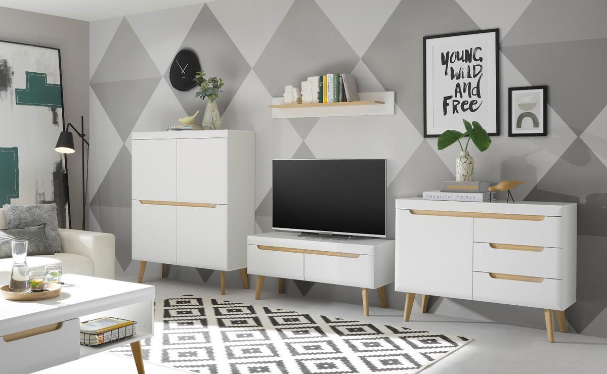 WOHNWAND 4-teilig weiß matt, Eiche, skandinavisch 361 cm, Wohnkombination mit Soft-Close - Eichefarben/Weiß, Holz/Holzwerkstoff (361/170/40cm) - Furn.Design