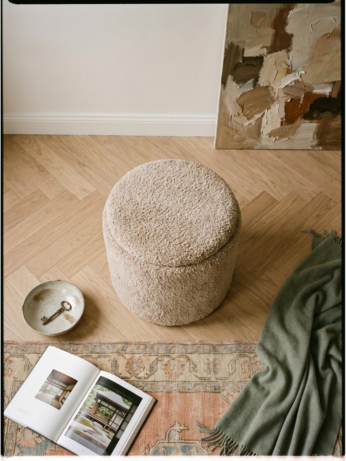 SITZHOCKER RHONE, Stoff, mit Textilbezug, Beige, Ø 40 x 45 cm - Beige, Textil (40/45/40cm) - KADIMA DESIGN