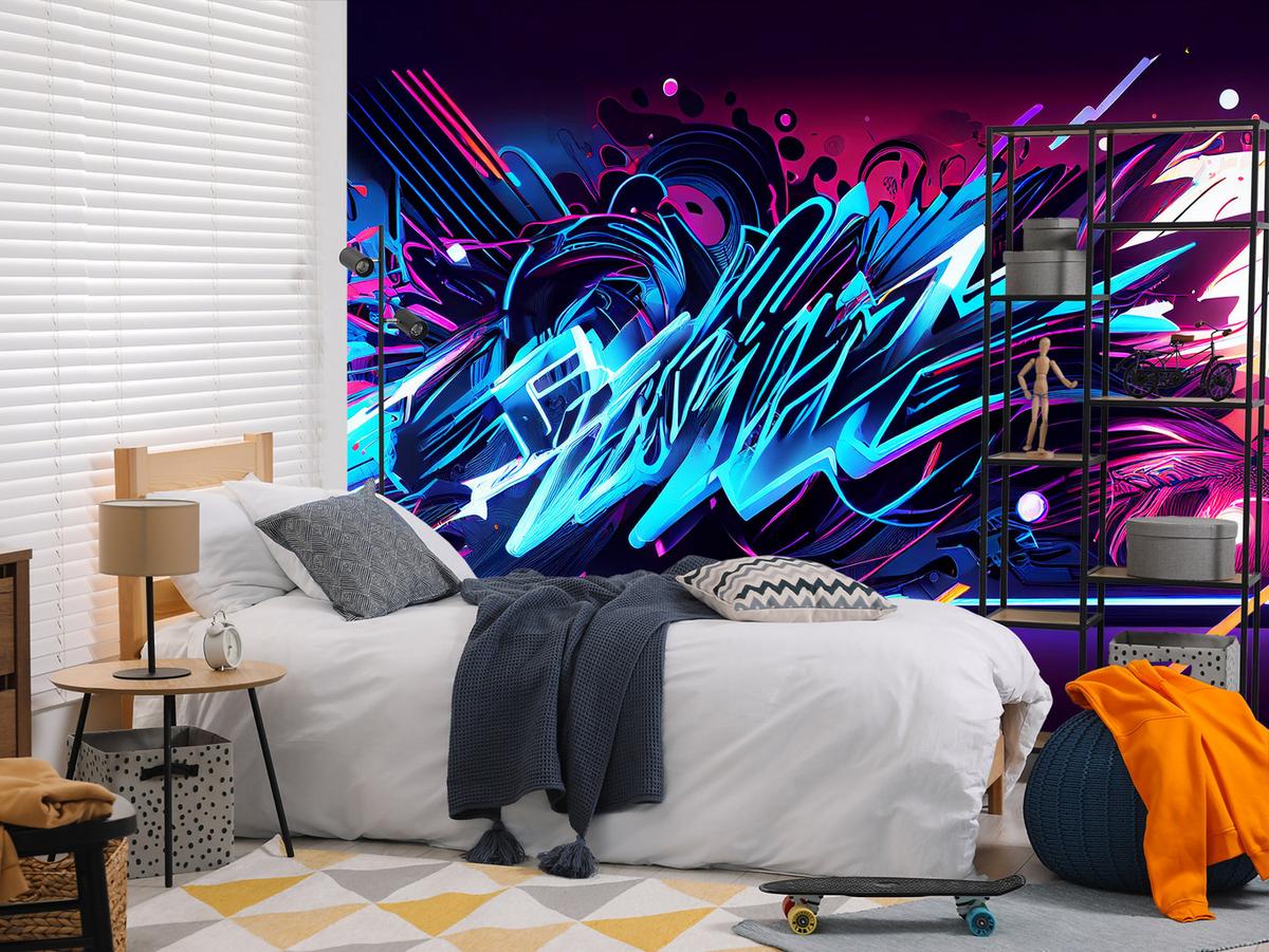 FOTOTAPETE für Jugendzimmer Neon Graffiti Schriften 300x210 - Blau/Gelb, Papier (300/210cm) - Muralo