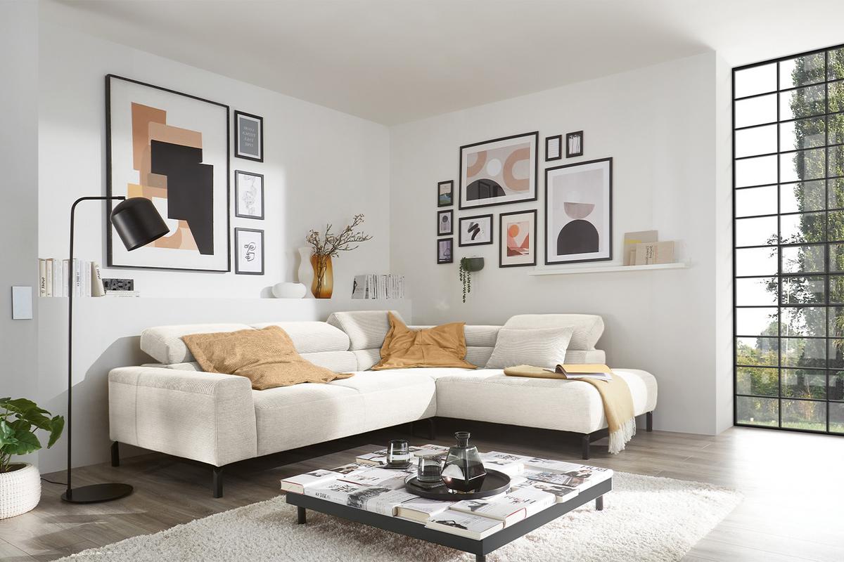 ECKSOFA DELIA Weiß Cord - Schwarz/Weiß, Textil/Metall (276/219cm) - KAWOLA