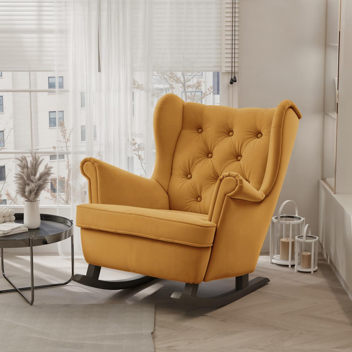 SCHAUKELSESSEL SCANDI mit hocker, Samt Gelb - Gelb, Holz/Textil (75/97/60cm) - Idohome