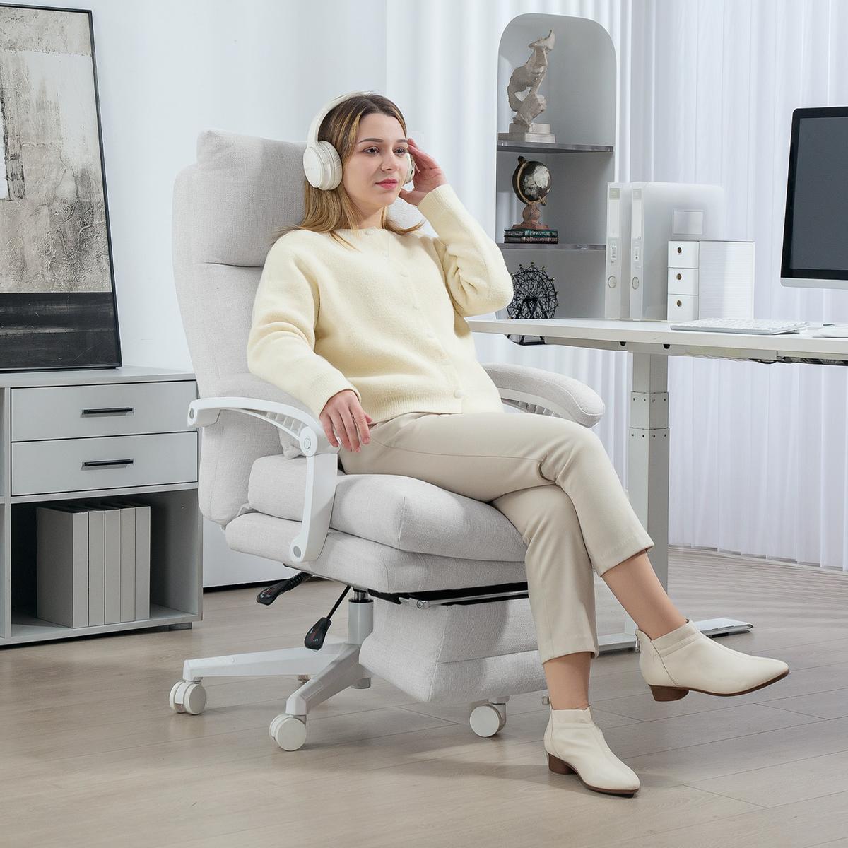 BÜROSTUHL Ergonomischer Schreibtischstuhl mit Lendenwirbelstütze, Fußstütze - Creme, Textil (68/122/70cm) - HOMCOM