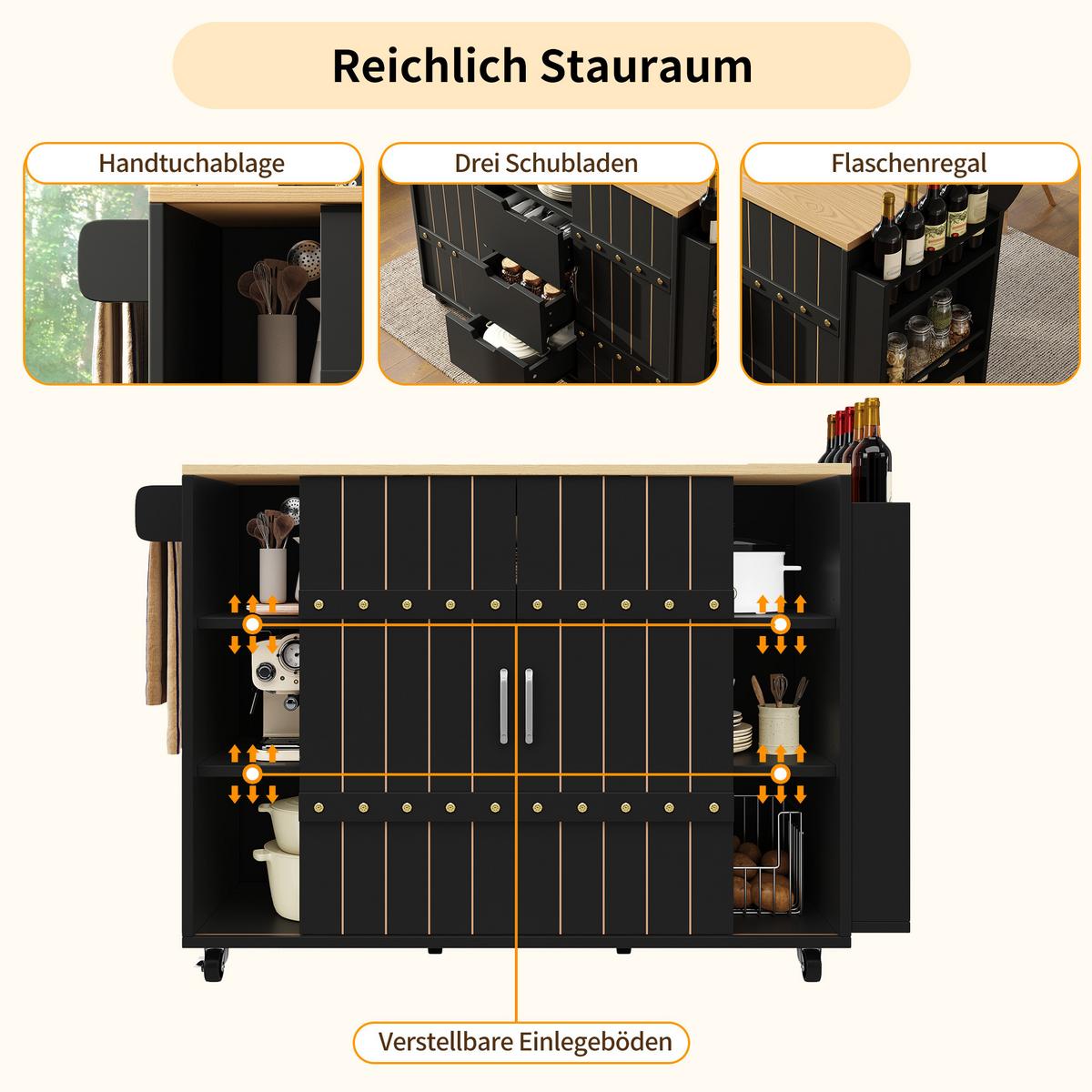 KÜCHENINSEL Schwarz auf Rollen mit Klappbarer Arbeitsplatte & Schiebetüren - Schwarz, Holzwerkstoff (110/90/42cm) - Urban Meuble