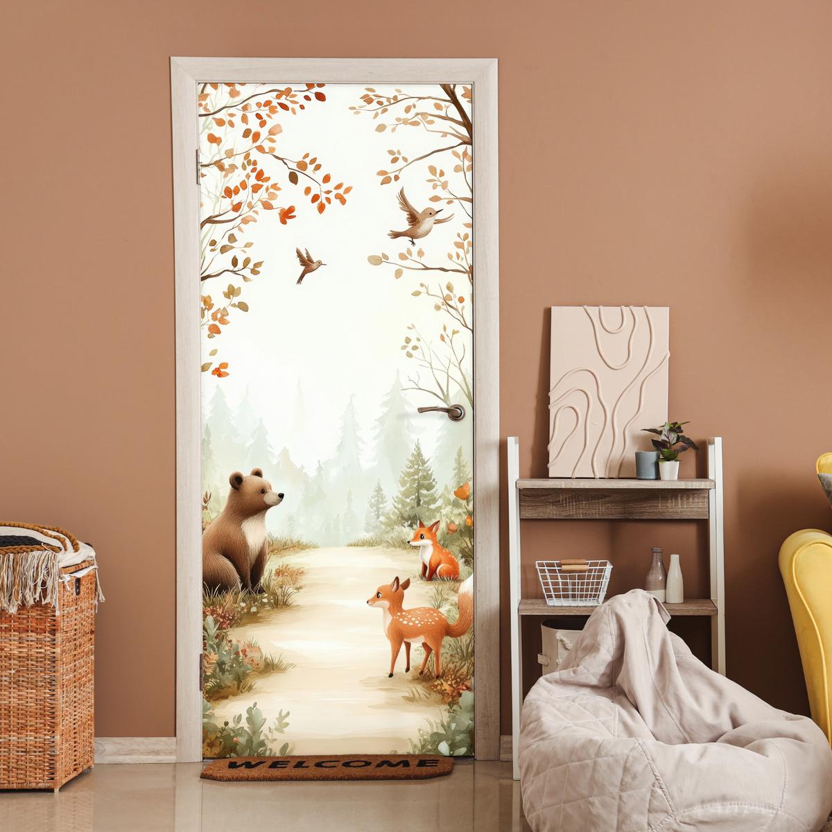 TÜRAUFKLEBER Wald - Herbst - Waldtiere - Bär - Fuchs Room Decor 85x205 cm - Türtapete - Kastanienfarben, Kunststoff (85/0.1cm) - MuchoWow