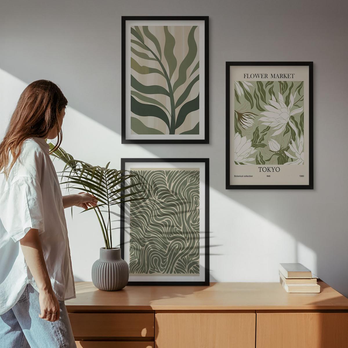 BILDER SET 3er Set - 40x60 cm Schwarzer Rahmen - Pflanzenmuster, Boho-Dekorationen - Schwarz, Kunststoff (40/60cm) - TULUP