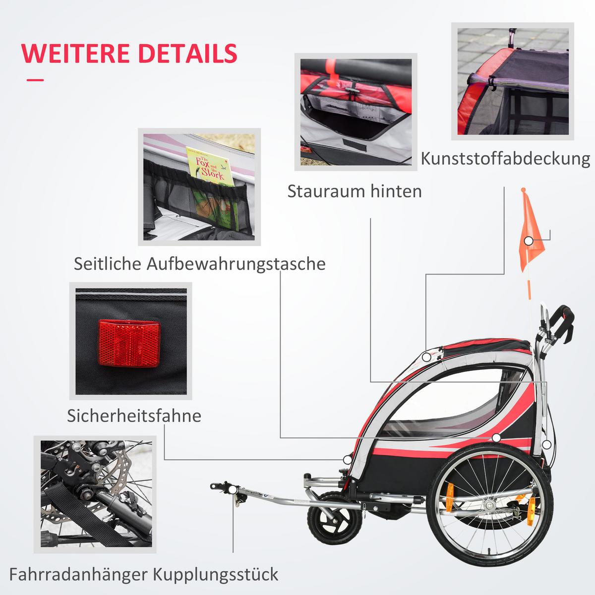 2 in 1 Kinderfahrradanhänger, Kinderanhänger, Fahrradanhänger, Rot - Rot, Metall (75/101/142cm) - HOMCOM
