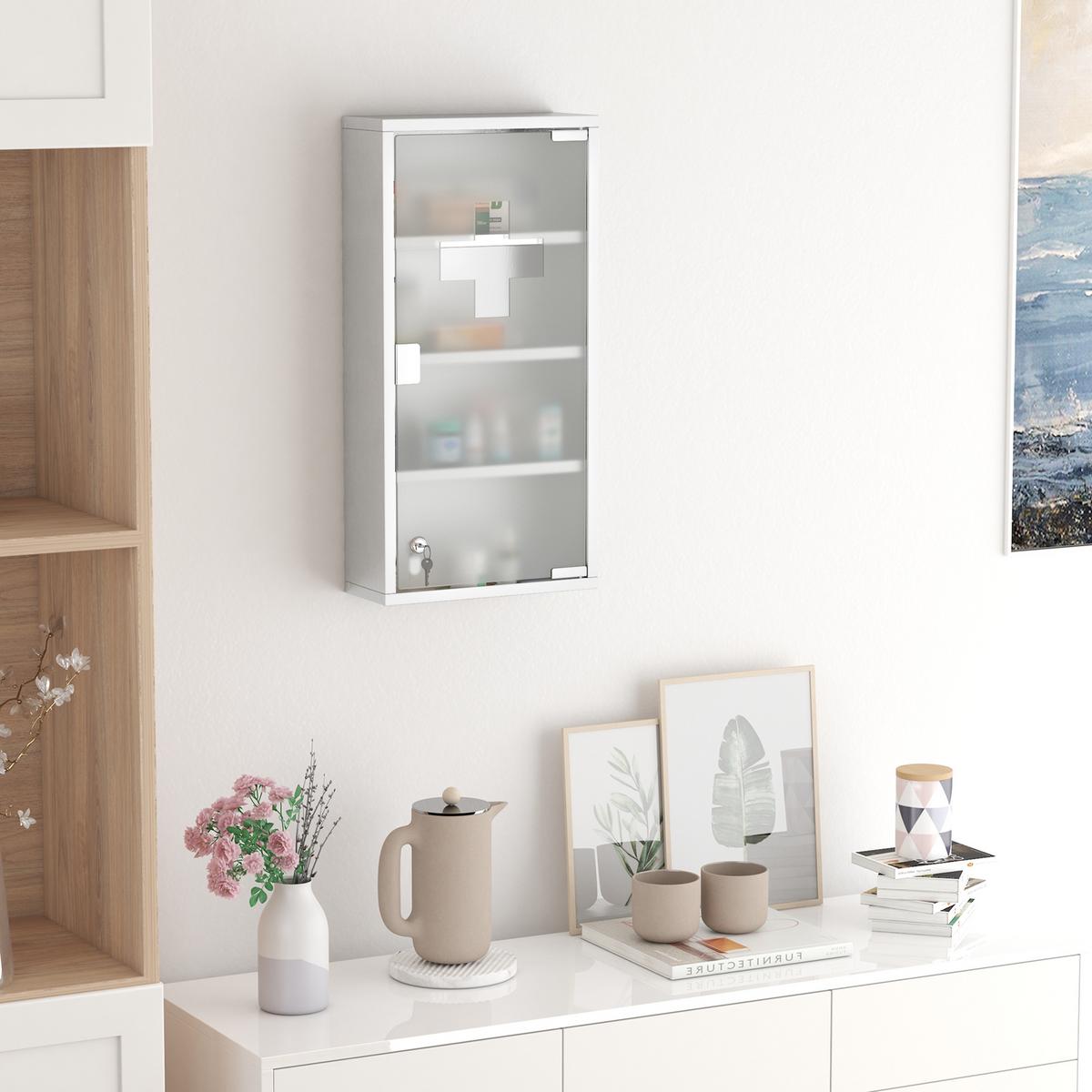 MEDIZINSCHRANK Arzneischrank Erste Hilfe mit Schloss Edelstahl 30 x 12 x 60 cm - Silberfarben, Glas (12/60/30cm) - HOMCOM
