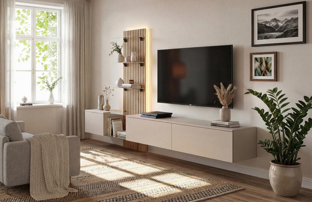 WOHNWAND Grau Lehm, Evoke Eiche 220 cm hängend, Schrankwand mit LED und Push-to-Open - Eichefarben/Hellgrau, Glas/Holzwerkstoff (220/150/40cm) - Inn.Furn