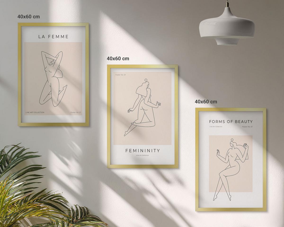 BILDER SET 3er Set - 40x60 cm Goldrahmen - Poster mit minimalistischen Frauensilhouetten - Goldfarben, Kunststoff (40/60cm) - TULUP
