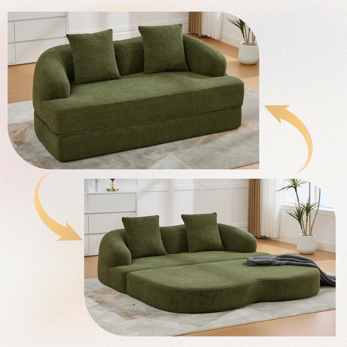 SCHLAFSOFA 2-in-1 Klappbett Grün Chenille 2-Sitzer mit Kissen - Grün, Textil (157/65/84cm) - Urban Meuble