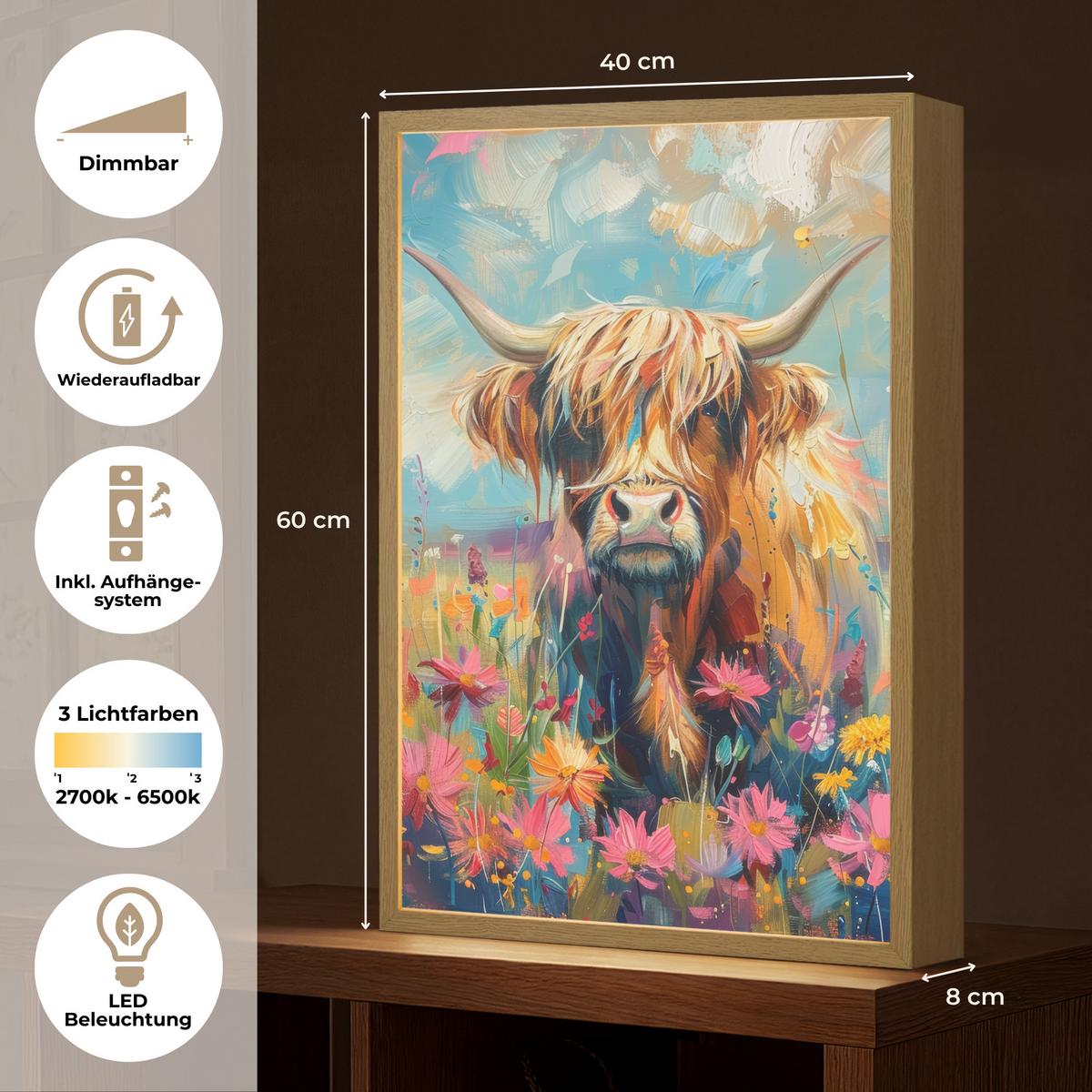 WANDLEUCHTE MIT AKKU Schottische Hochländer - Natur - Farbenfroh - Blumen 40x60 cm - Multicolor, Holzwerkstoff (40/60/8cm) - OnlyWow