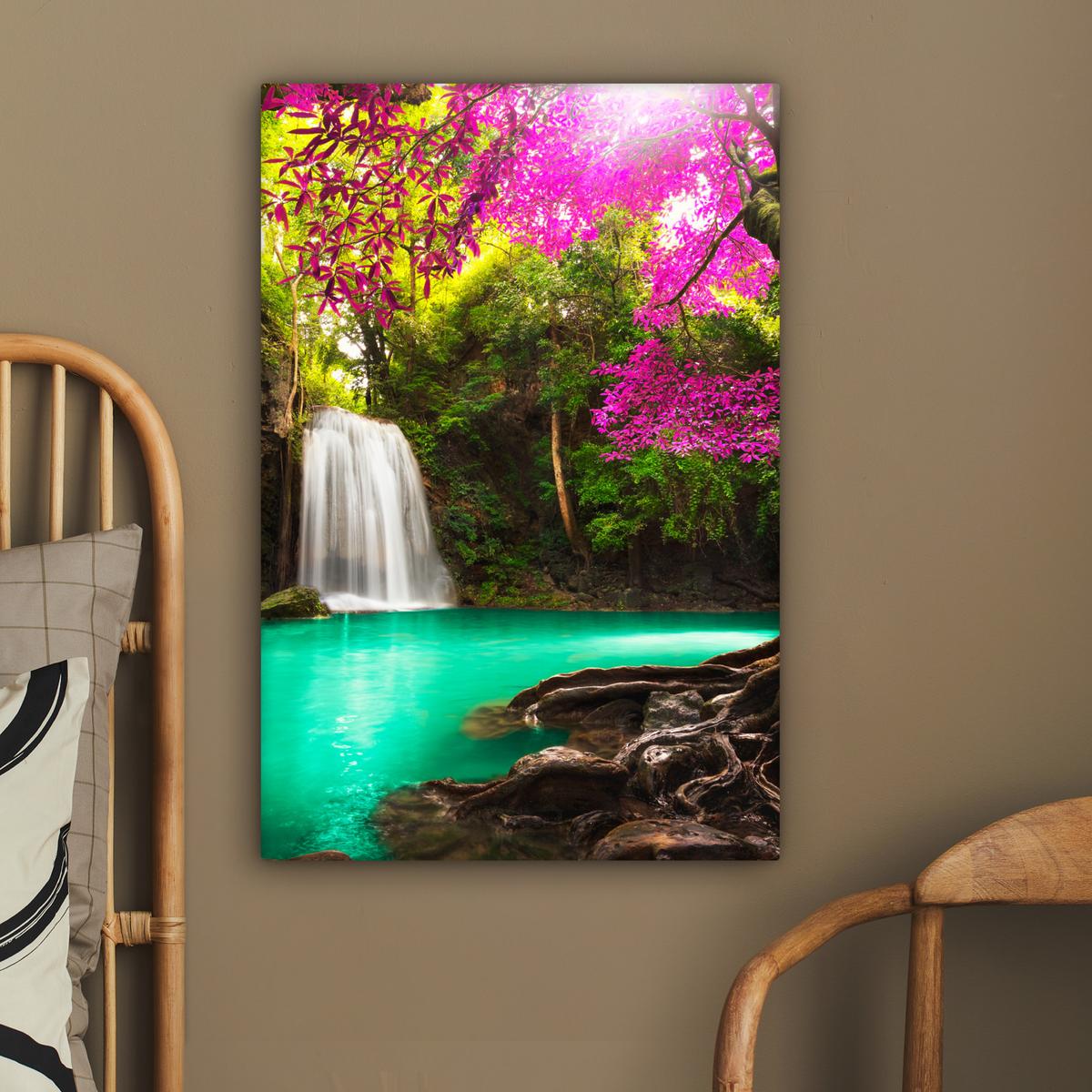 LEINWANDBILD Wasserfall mit bunten Blumen und Bäumen - Natur - Dschungel Wanddeko 40x60 cm - Waldgrün, Textil (40/60cm) - MuchoWow