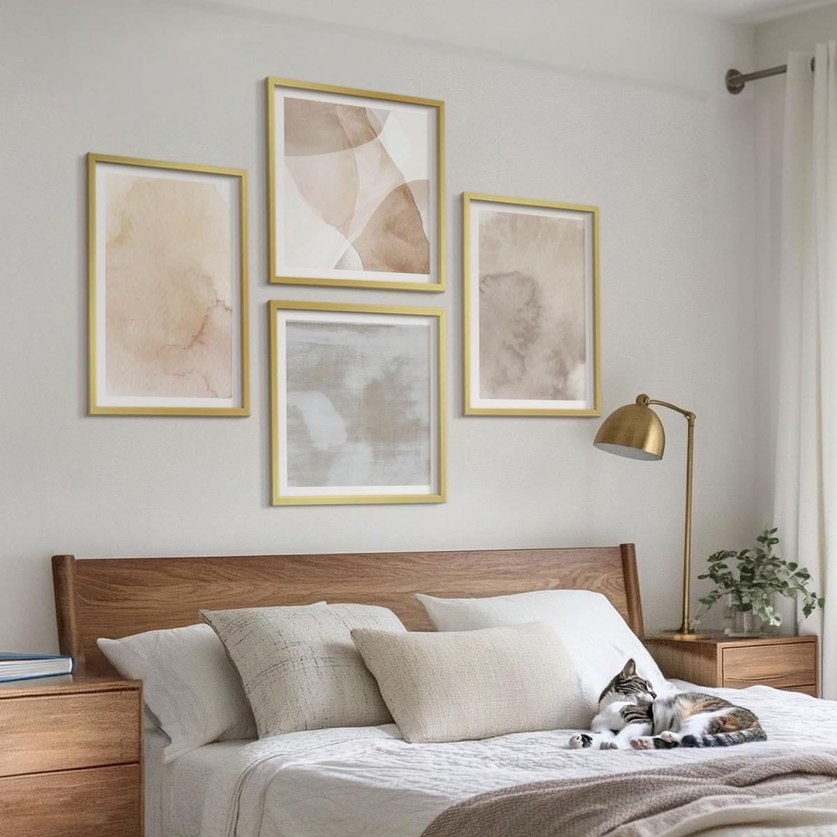 BILDER SET 4er Set - 50x50 cm & 40x60 cm Goldrahmen - Warme Aquarell-Pastelltexturen - Goldfarben, Kunststoff (50/50cm) - TULUP