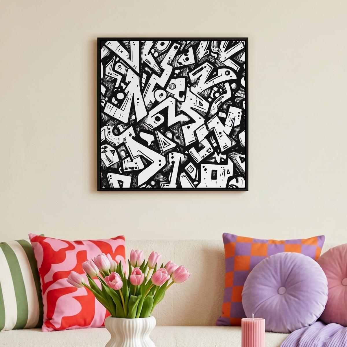 LEINWAND Bilder mit Rahmen - Formen - Buchstaben - Graffiti - Schwarz - 50x50 - Schwarz, Textil (50/50cm) - MuchoWow
