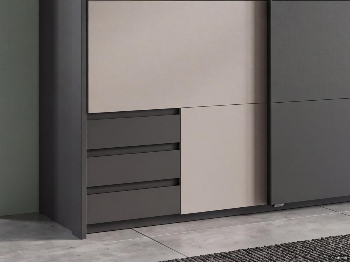 SCHWEBETÜRENSCHRANK 2-türig B183/H200/T65 cm, Passepartout-Kleiderschrank mit sichtbaren Schubkästen in Grafit, 1x Tür in Sandgrau / 22701 - Sandfarben/Graphitfarben, Holz/Holzwerkstoff (183/200/65cm) - luma-home