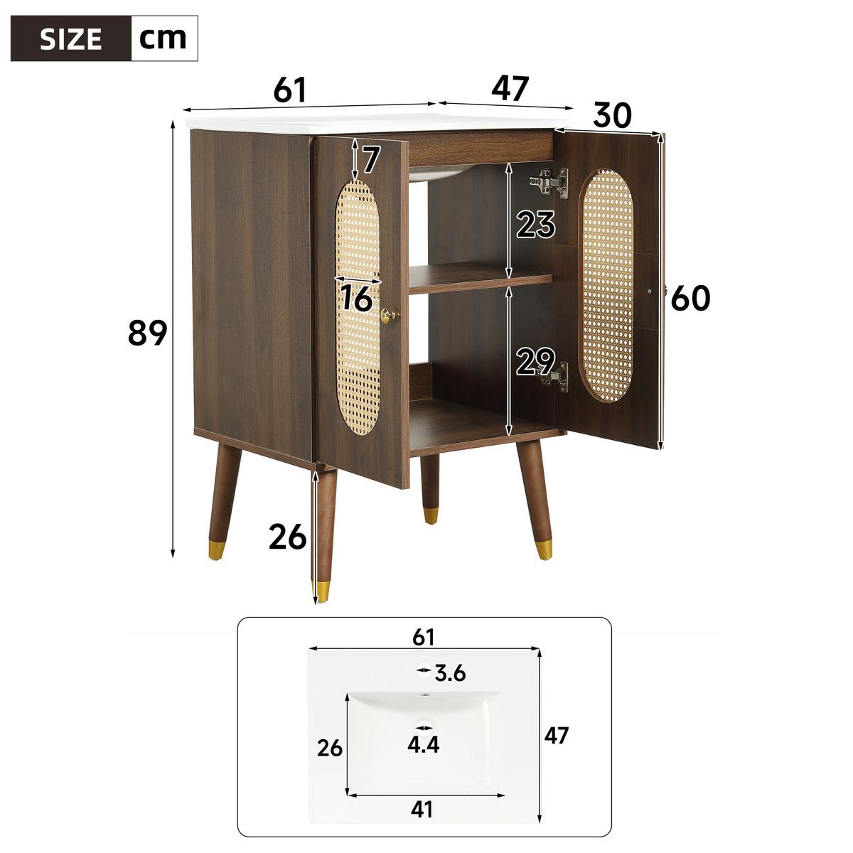 WASCHTISCHUNTERSCHRANK Walnuss mit Rattan-Türen & Keramikbecken - Walnussfarben, Holzwerkstoff (61/89/47cm) - Urban Meuble