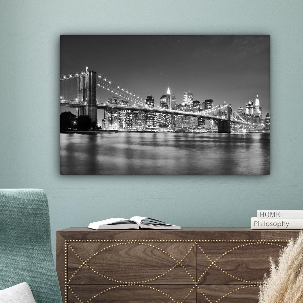 LEINWANDBILD New York - Brücke - Brooklyn - Schwarz und weiß - Architektur Gemälde 60x40 cm - Schwarz, Textil (60/40cm) - MuchoWow