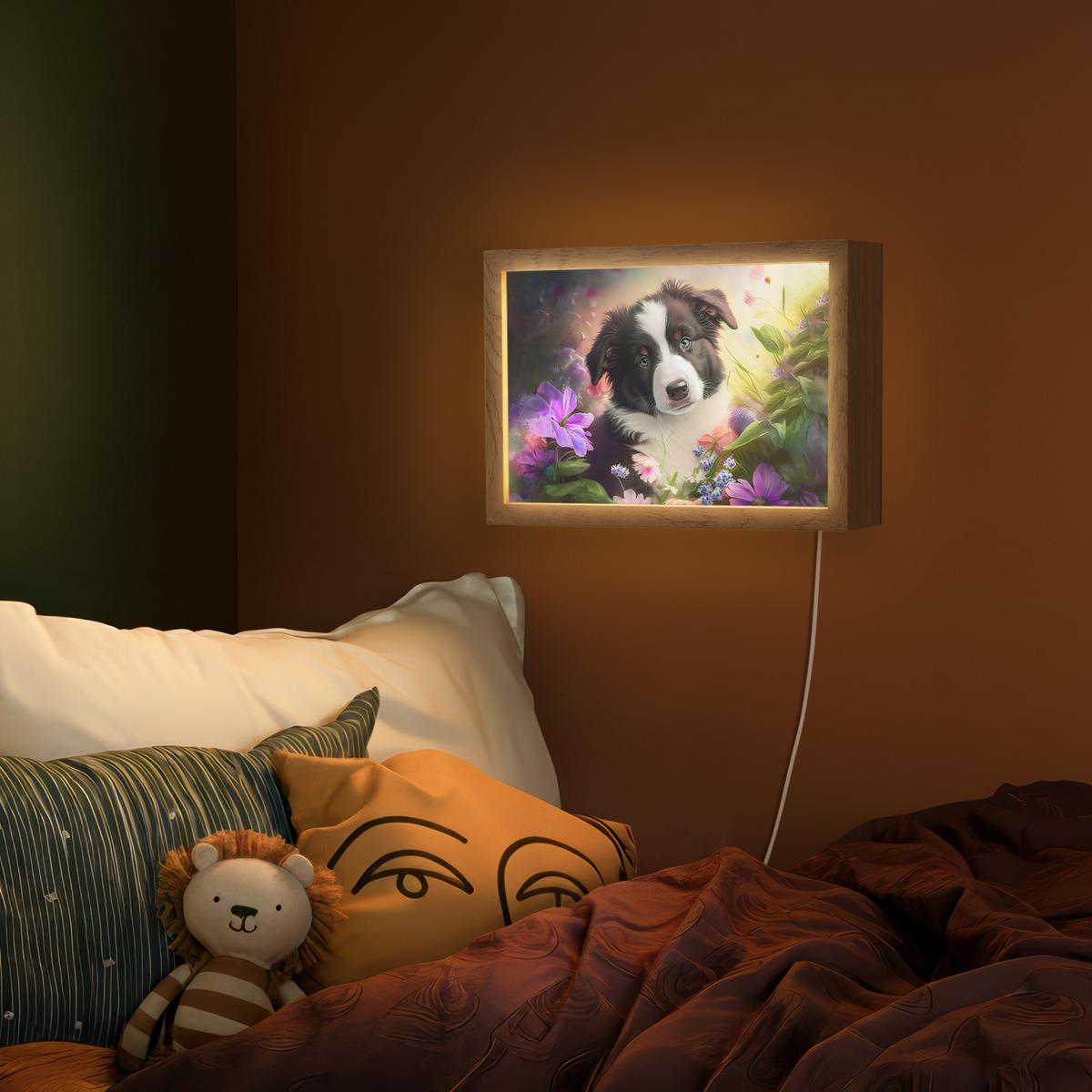 WANDLEUCHTE Welpe - Sonne - Blumen - Natur - Border Collie - Hund 30x20 cm - Violett, Holzwerkstoff (30/20/8cm) - OnlyWow