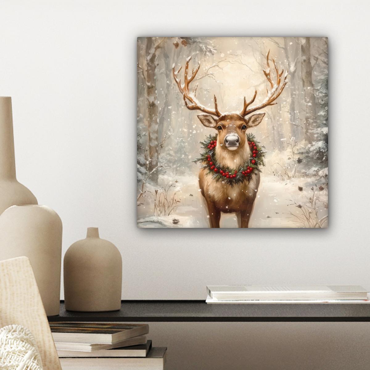 LEINWANDBILD Weihnachten - Rentier - Winter - Kranz Deko Wohnzimmer 20x20 cm - Naturfarben, Textil (20/20cm) - MuchoWow