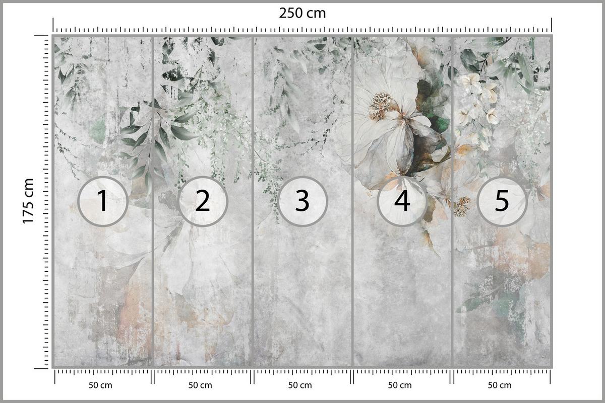 FOTOTAPETE für Esszimmer Zarte Blumen Blätter Beton 250x175 - Orange/Grau, Papier (250/175cm) - Muralo