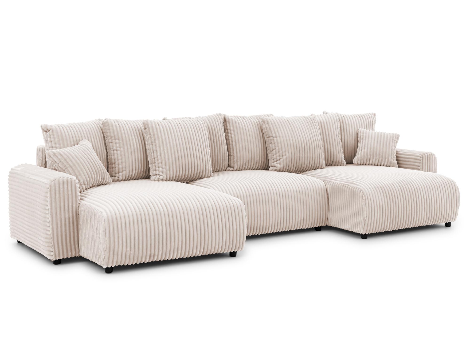 WOHNLANDSCHAFT Calma mit Schlaffunktion und Bettkasten im Bumpy-Design aus weichem Hellbeige Plüschcord - Beige/Schwarz, Holz/Textil (336/88/140cm) - S-Style
