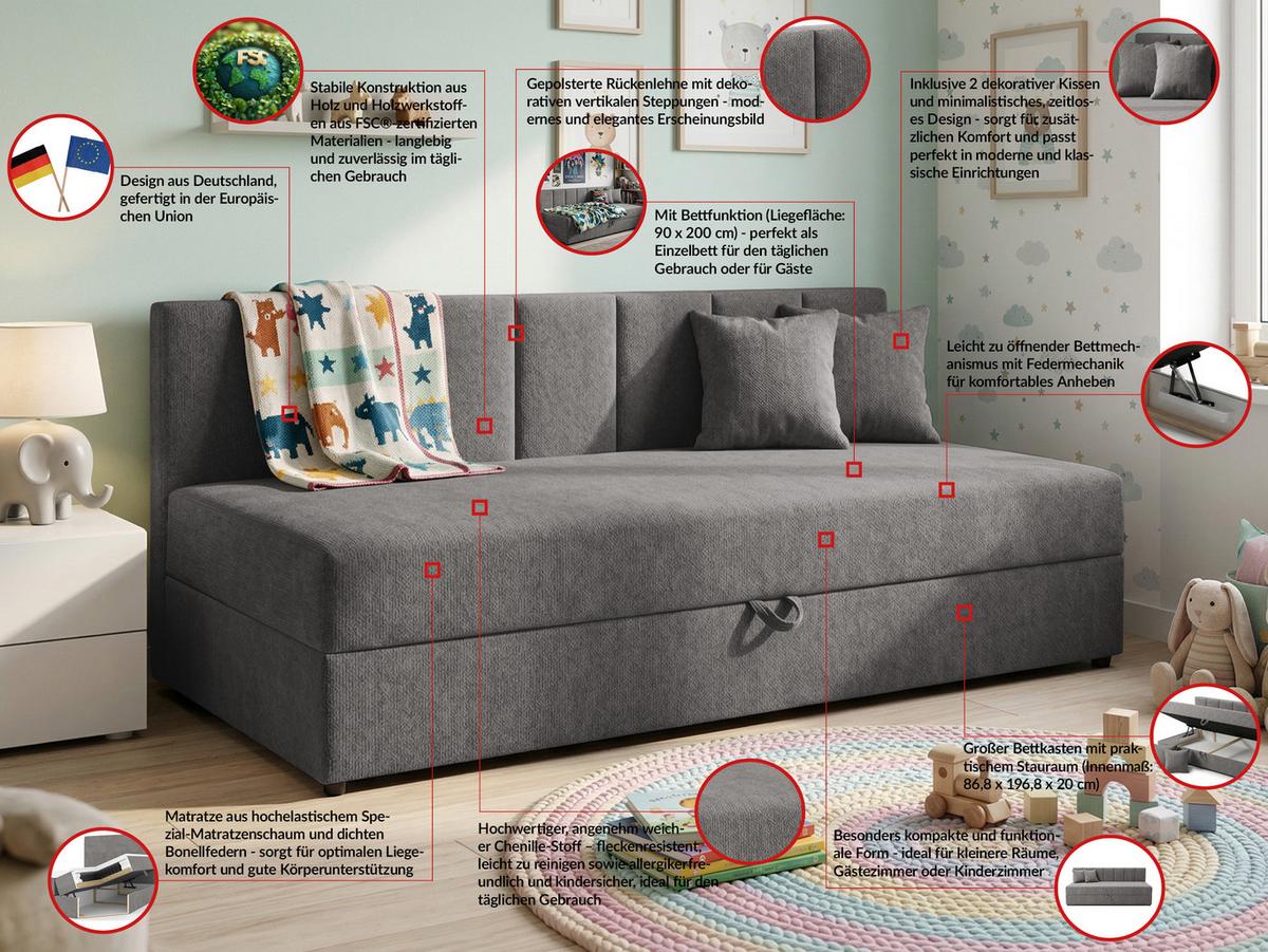 TAGESBETT Lenny mit Rückenlehne und großem Bettkasten aus Grau Chenille-Stoff - Schwarz/Grau, Holz/Kunststoff (90/200cm) - S-Style Möbel