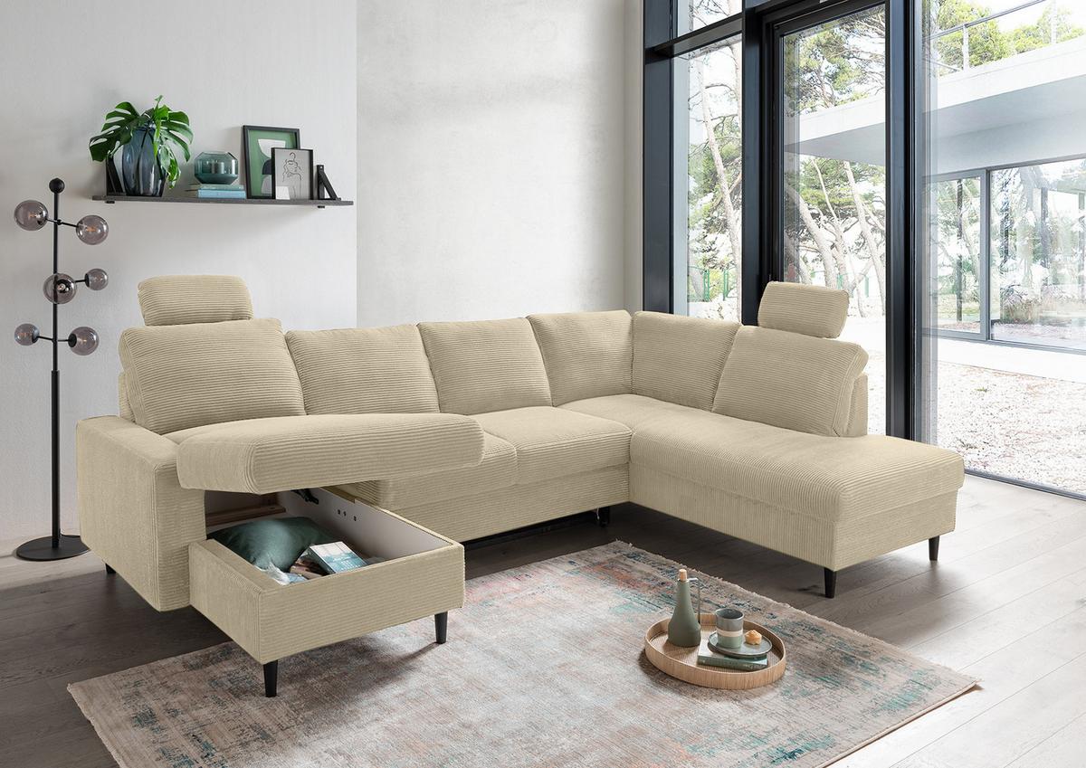 WOHNLANDSCHAFT mit Schlaffunktion Bettkasten Wellenunterfederung, 2 Kopfstützen, U-Form B305/T200/H88 cm, Cord Beige Grau / 17205 - Greige/Schwarz, Holz/Textil (305/88/200cm) - luma-home