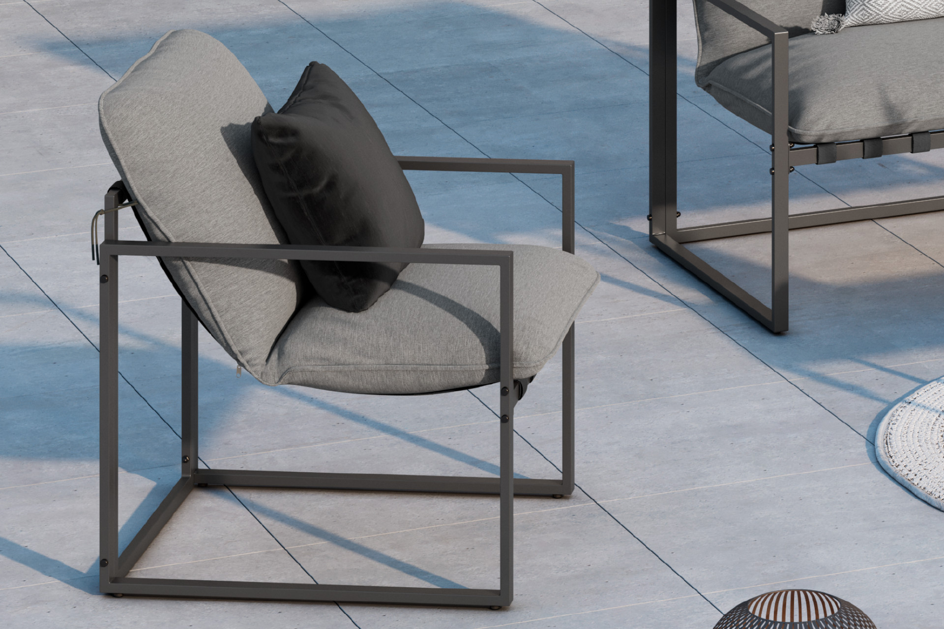 Gartenset Stuhl Schwarz Sitzauflage Hellgrau Webstoff 