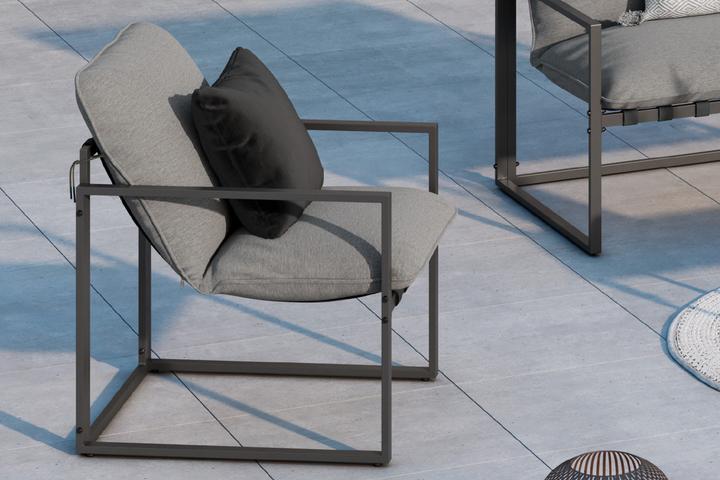 Gartenset Stuhl Schwarz Sitzauflage Hellgrau Webstoff