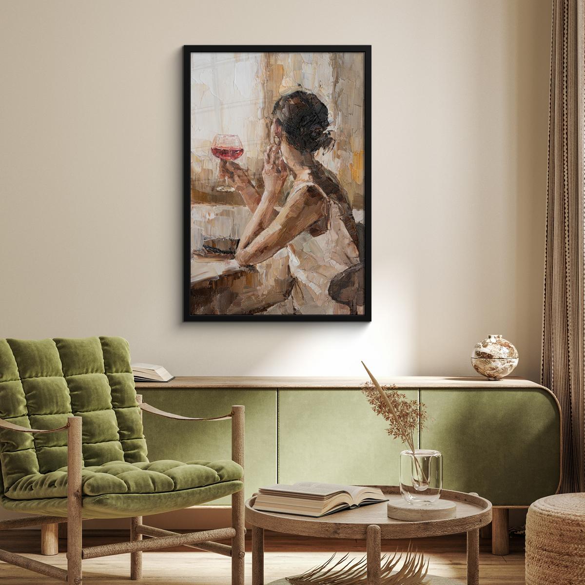 POSTER MIT RAHMENGERAHMTES BILD Ölgemälde - Frau - Wein 60x90 cm - Hellbraun, Papier (60/90cm) - MuchoWow