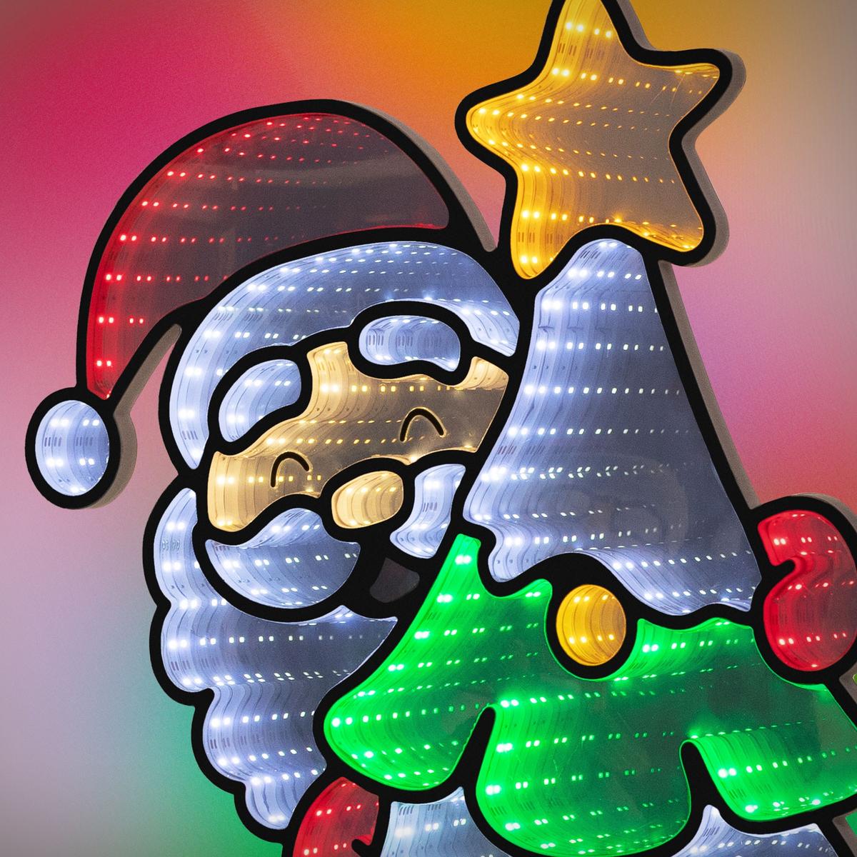 WEIHNACHTSDEKO Weihnachtsbaum mit Weihnachtsmann LED Infinity Mirror 3D-Effekt mit Lichterkette 58x80 cm Innen - Multicolor, Kunststoff (58/80/18cm) - ECD-Germany