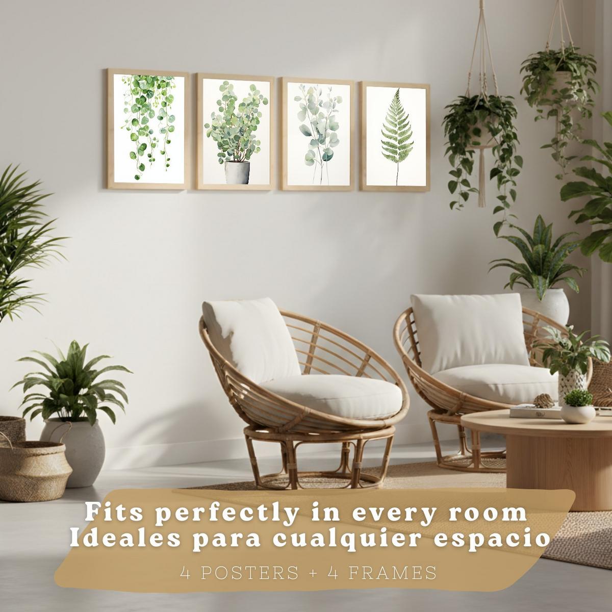 POSTER 4er Bilder-Set Wandbilder Boho Botanisch modern Wohnzimmer Deko, Schlafzimmer, Küche, Badezimmer Leichter Holzrahmen A3 - Beige, Papier (29.7/1/42cm) - Nacnic